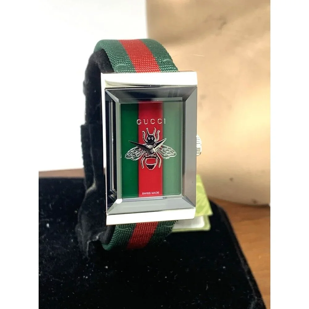 Gucci Women's Watch YA147408 G-Frame Green Red Dial Swiss Quartz Tank Nylon Band